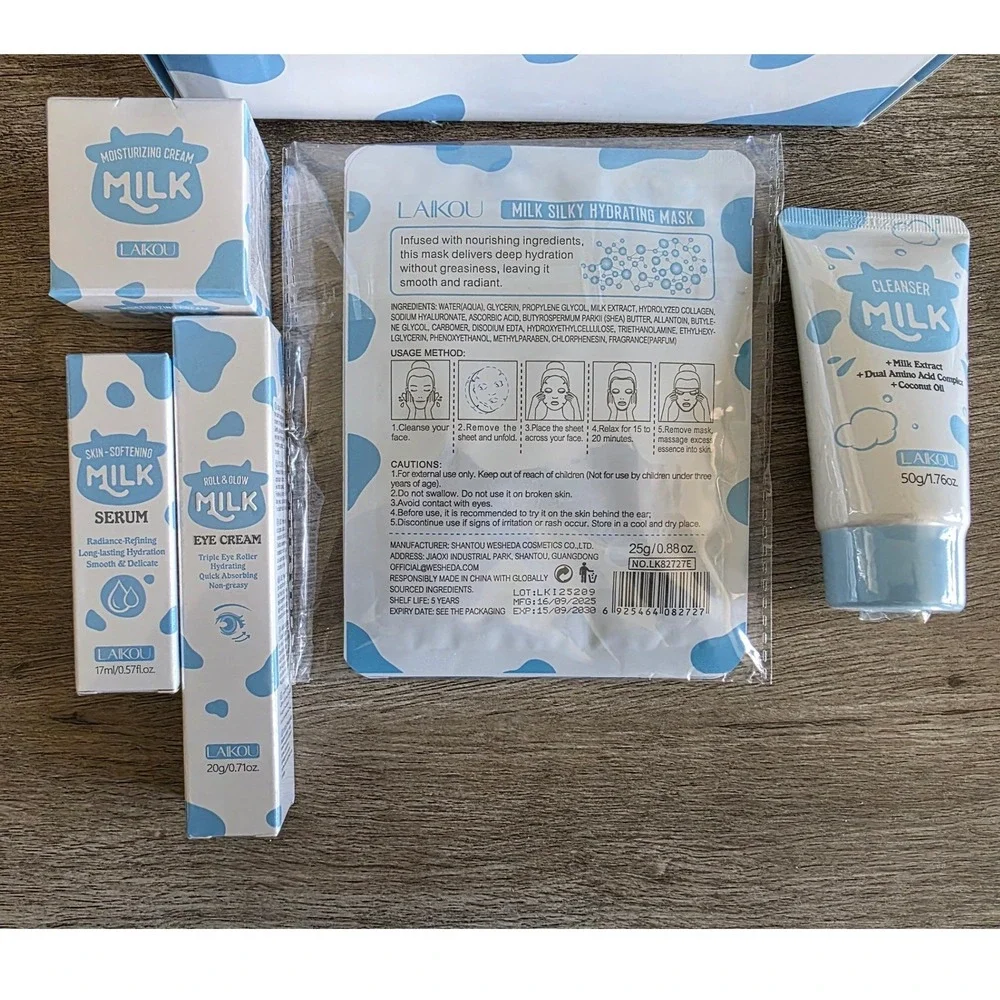 Laikou Milk Hydration Skincare Gift Set 7pc Cow Print Headband Serum Mask Cream